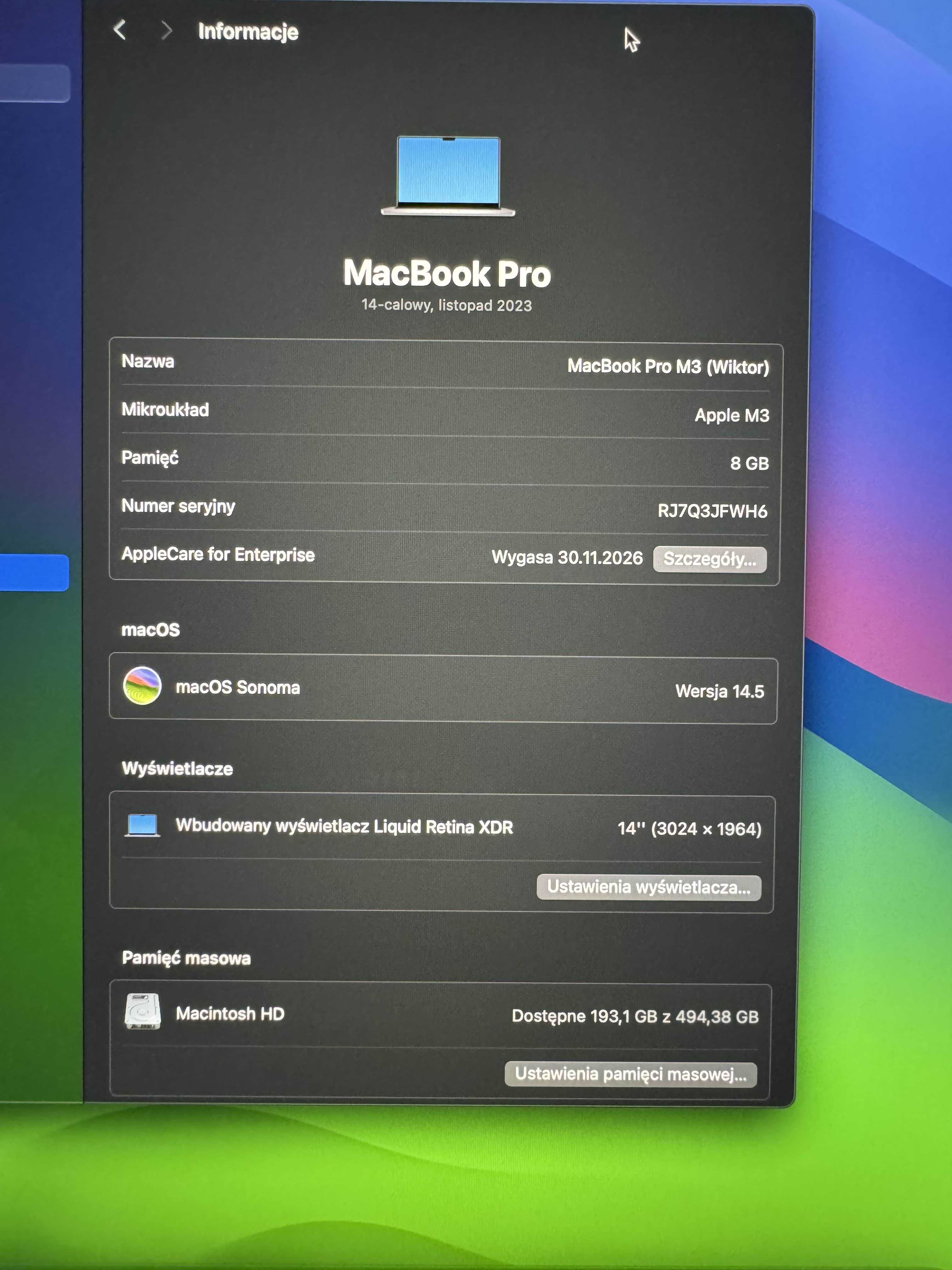 Macbook Pro 14 M3 8GB 512GB Rozszerzona Gwarancja