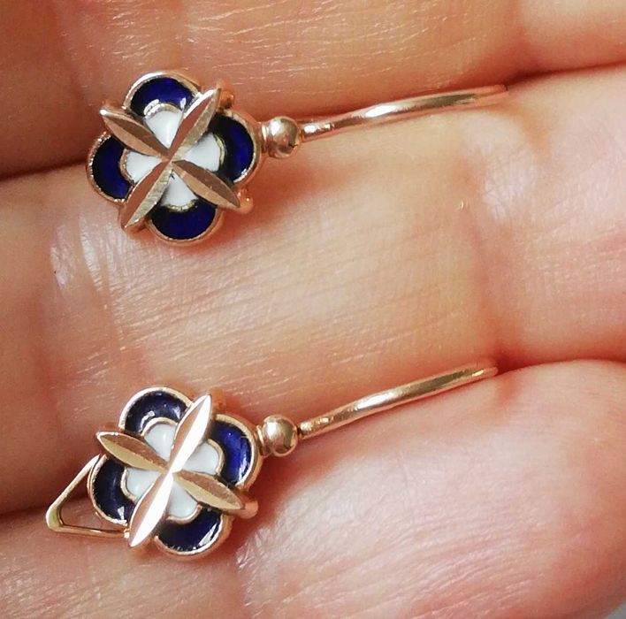 ZŁOTE kolczyki ruskie szafirowa emalia i biała różowe złoto 583