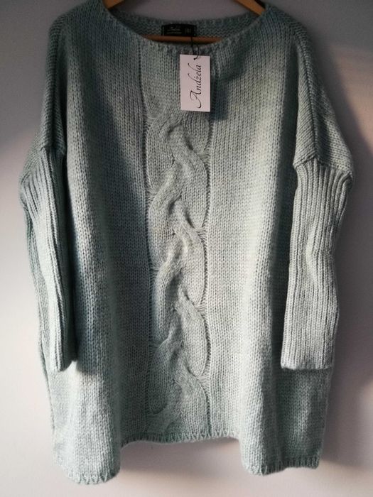 Sweter, ozdobny warkocz, kolor mineral/turkus, oversize, Andżela, nowy