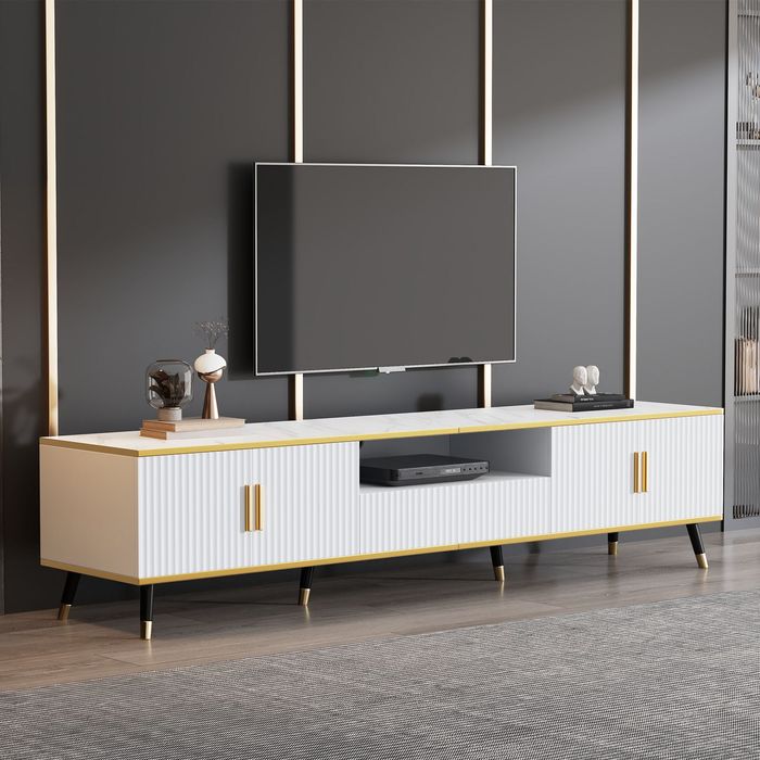 Nowoczesna szafka RTV 200 X 40 X 46 CM Biała Ryflowana