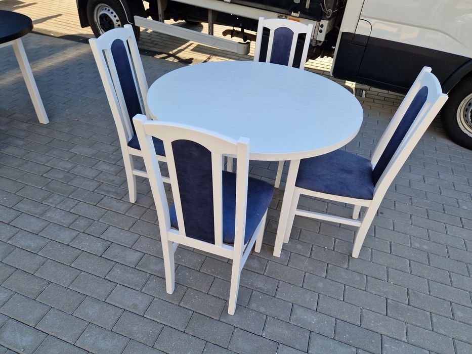 Nowe : Stół okrągły + 4 krzesła, biały + metaliczny granat, transPL
