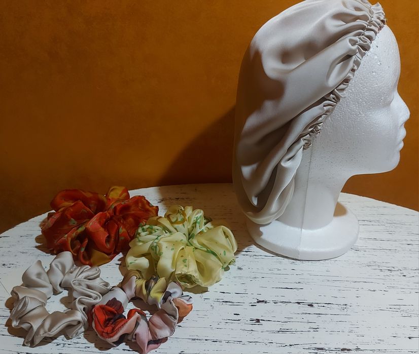 Cieniutki jedwab,  czepek M,  scrunchies  M, XL