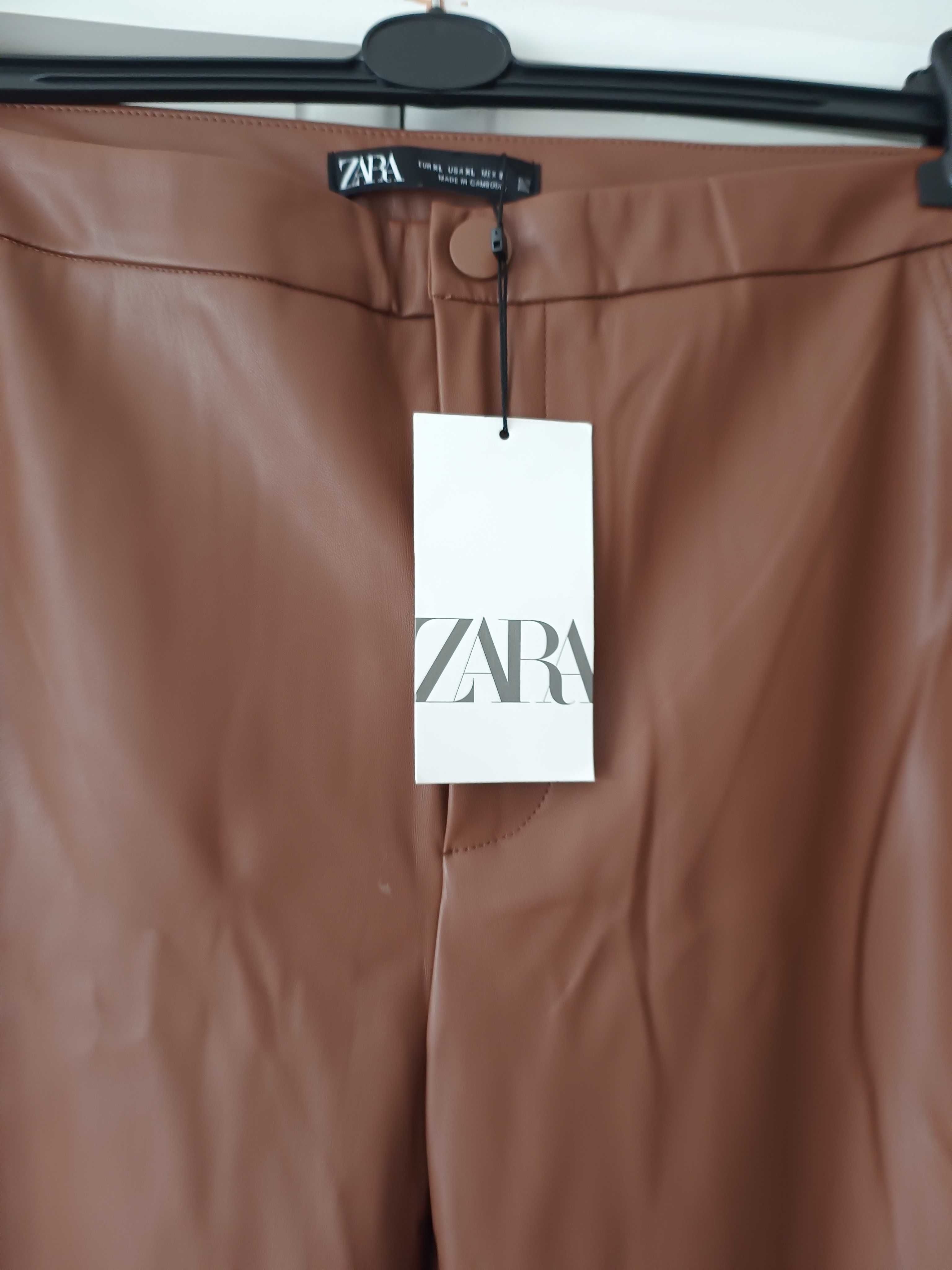 Zara brązowe skórzane spodnie rurki 42XL Mex 32 dopasowane z eko skóry