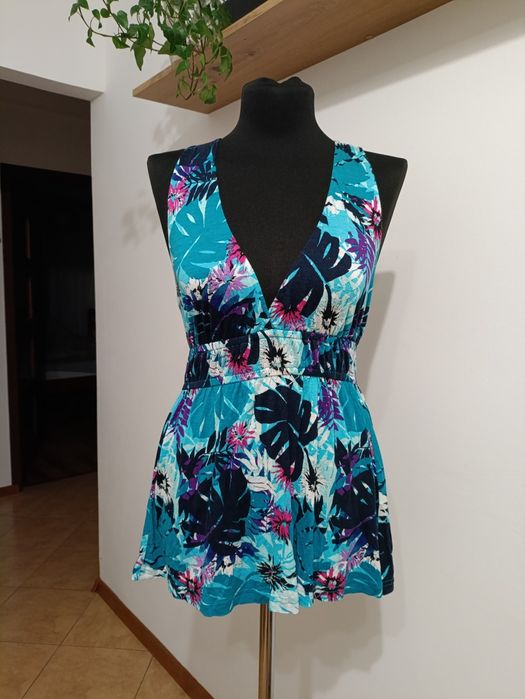 Turkusowy top z tropikalnym wzorem Wizkoza