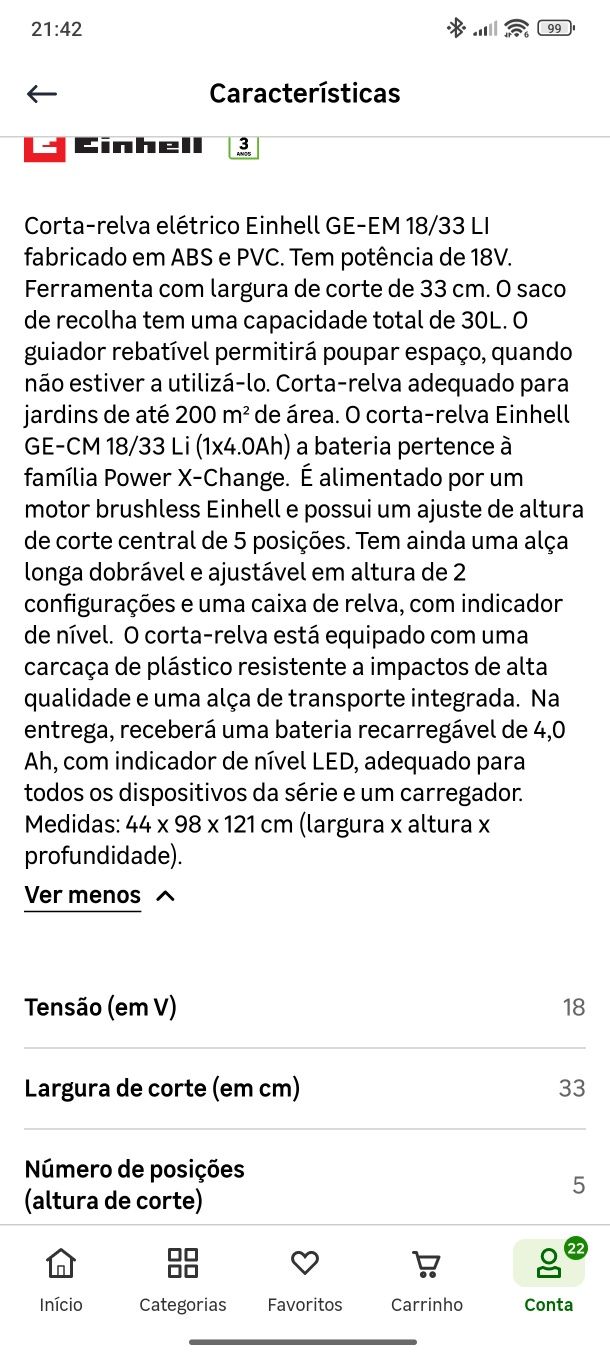 Máquina de cortar relva a bateria Einhell