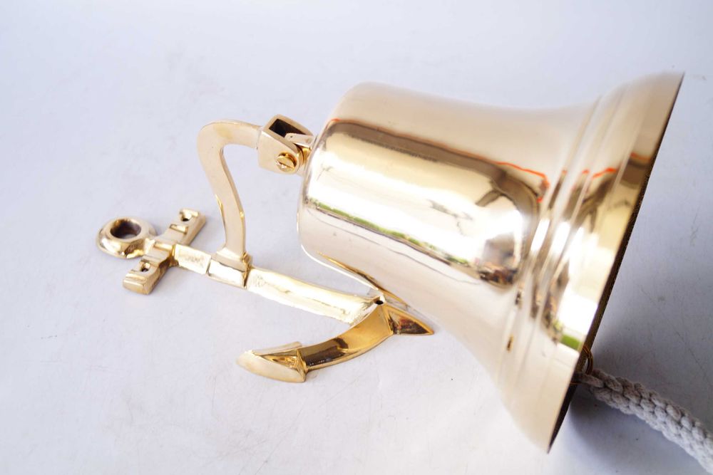 Duży mosiężny dzwonek kotwica marynistyka z sznurem dzwon