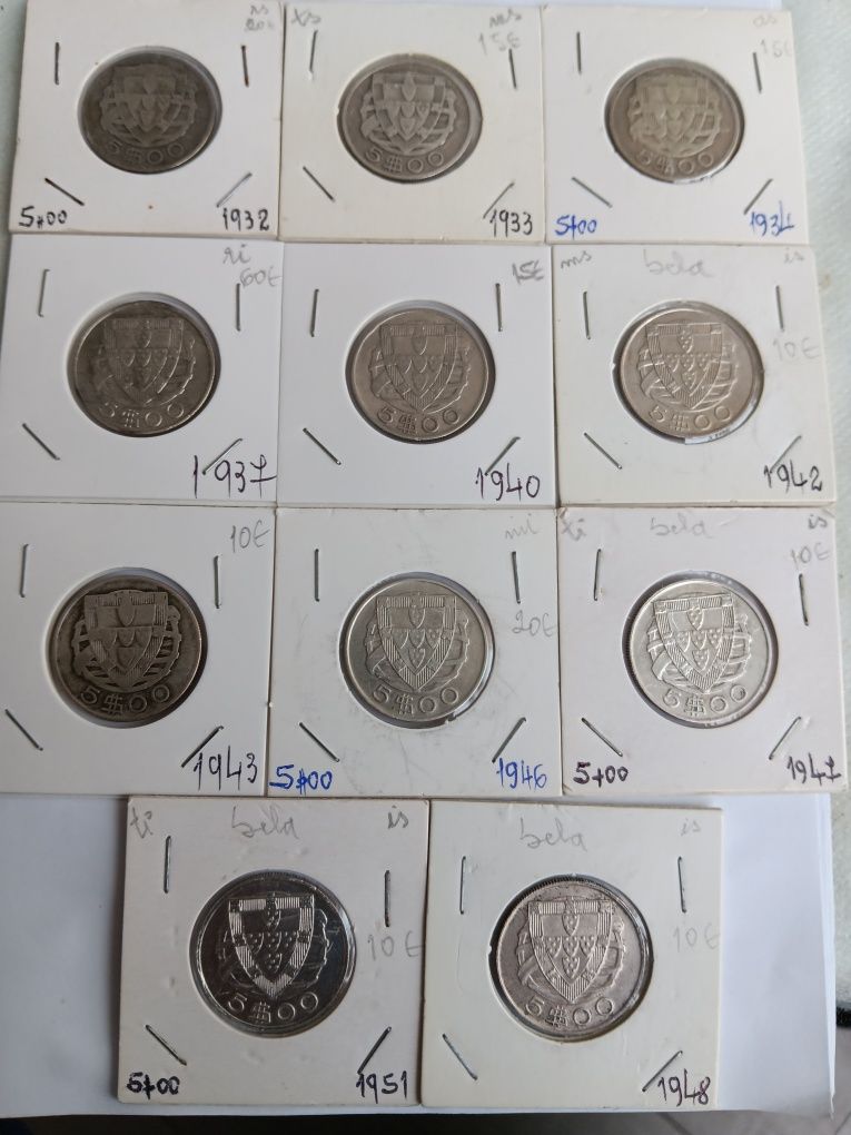 Colecção completa de 5 escudos, caravelas, prata.