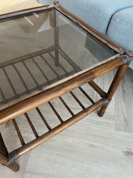 Rattanowy stolik z szybką vintage retro cottage