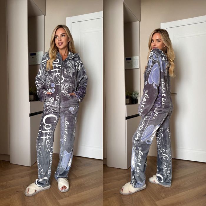 Женская махровая пижама турецкая кофта с капюшоном на молнии и штаны