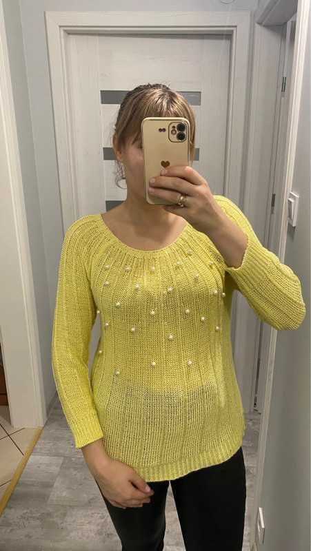 Sweter damski bluzka damska ażurowa żółta z perełkami na przodzie, r L