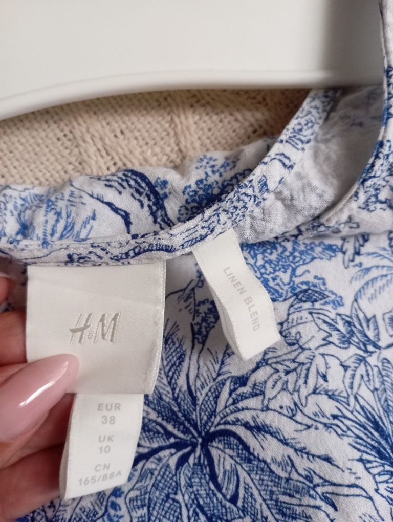 H&M M-L linen blend naturalna prosta biało-niebieska sukienka