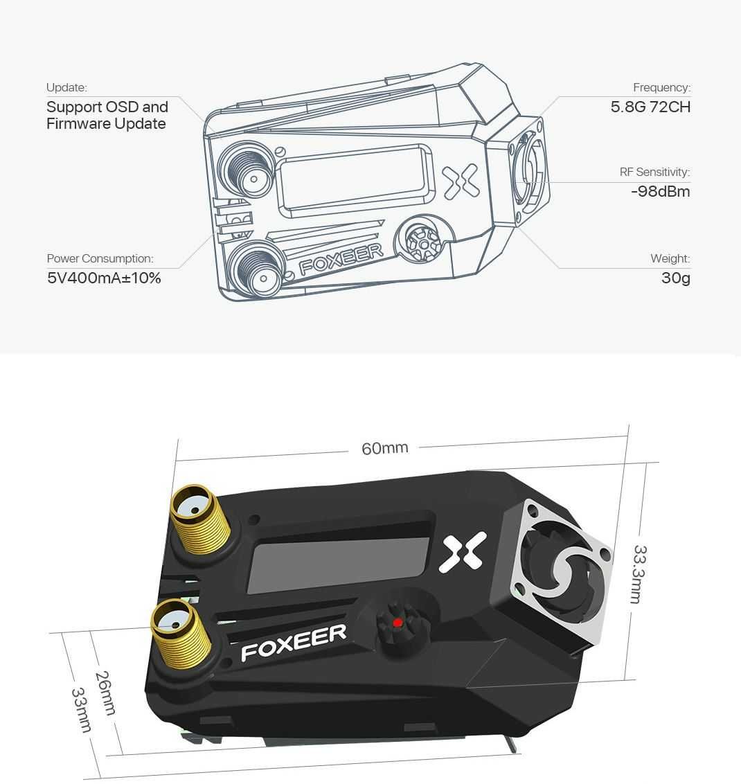 Відео приймач Foxeer Wildfire Dual 5.8GHz на 72 канали Dual Receiver