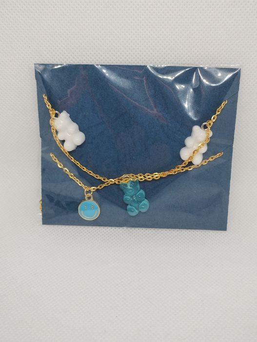 Łańcuszek z zawieszkami podwójny naszyjnik misie emotki błękit preppy