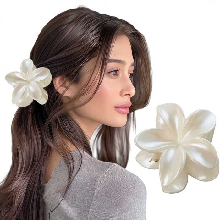 Spinka do Włosów Klamra 8cm Kwiat Kwiatek Szczęka Lekka Perłowa Biała