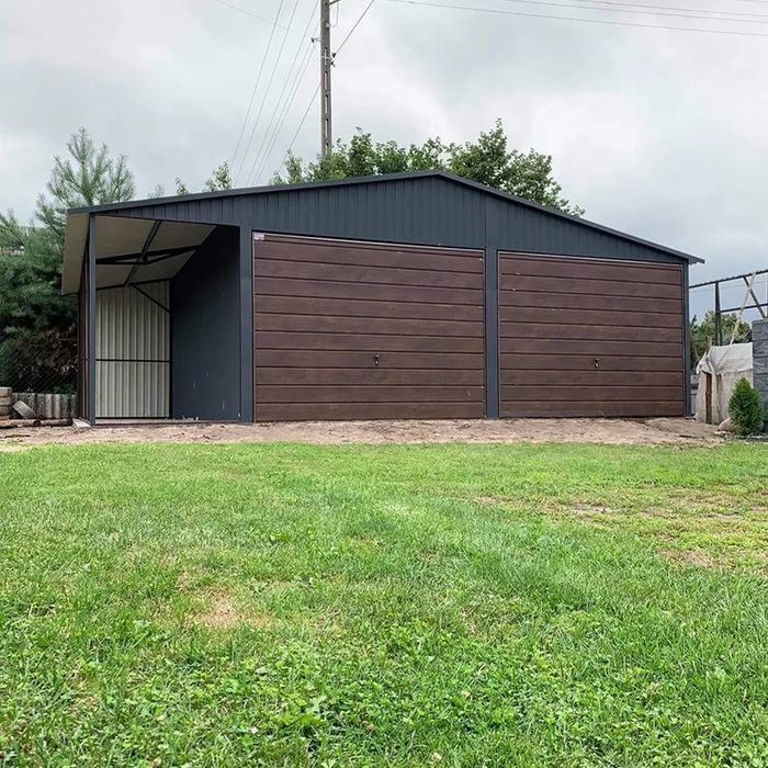 Garaż dwustanowiskowy 6x5 m wiata 3 m - Dach dwuspadowy, Brama uchylna