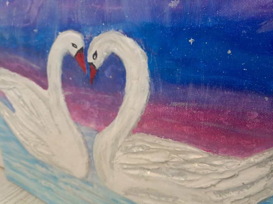 Obraz łabędzie strukturalny rękodzieło akryle