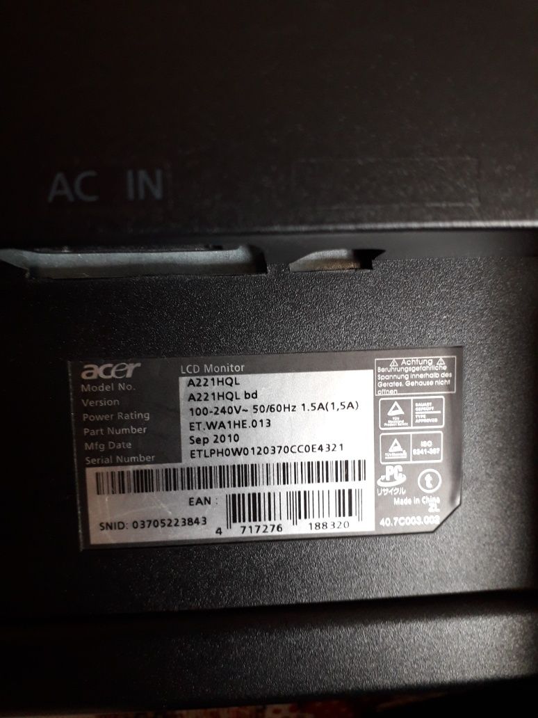 Монітор LCD,модельА221HQL,версіяА221HQLbd.