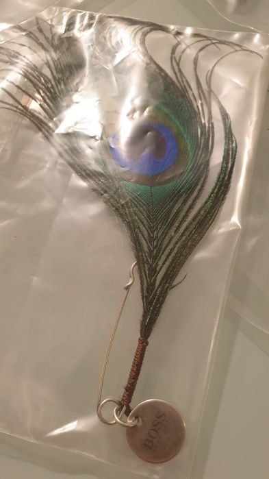 Alfinete de peito Hugo Boss com pena de pavão.