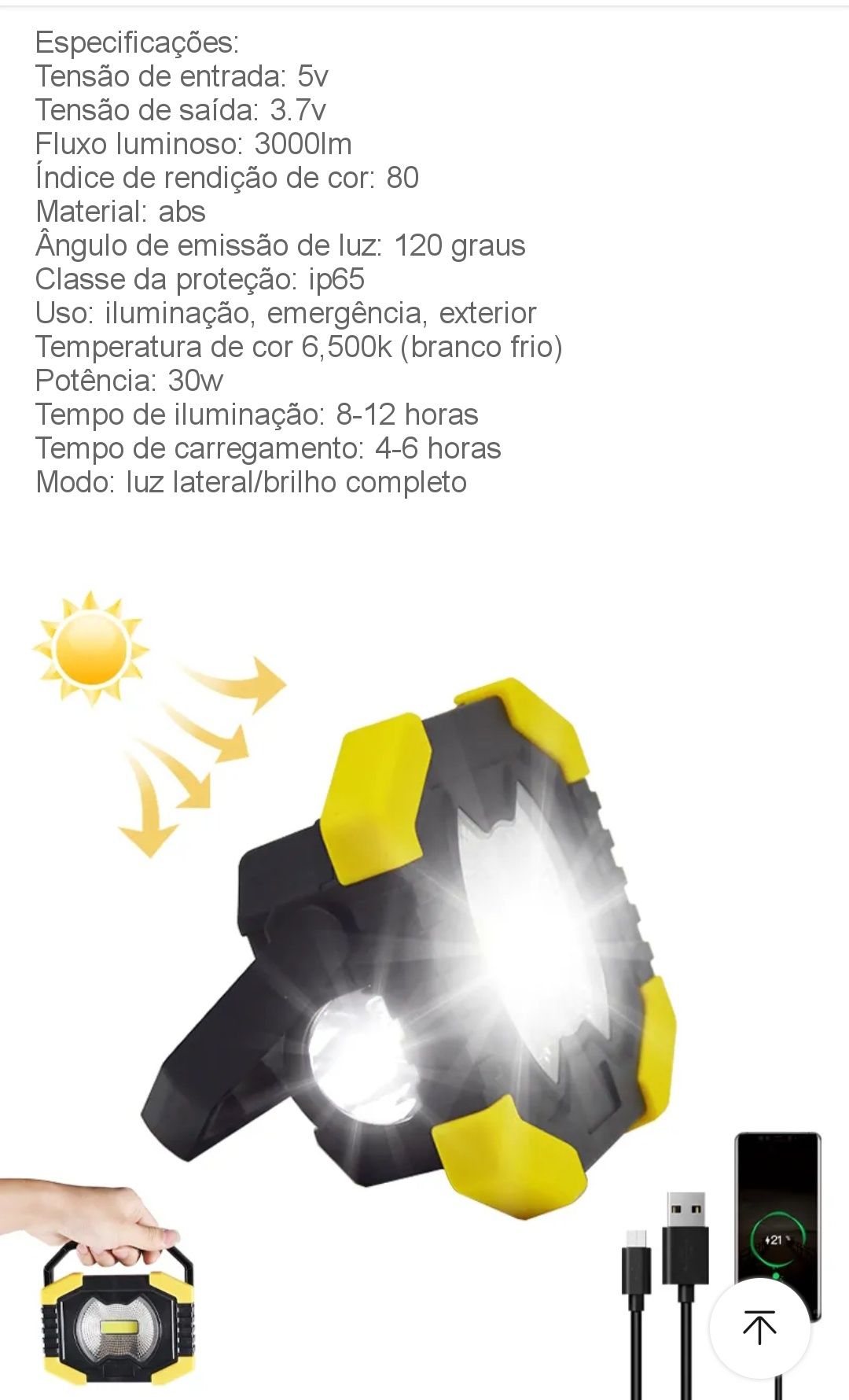 Luz de trabalho/reparação veículo/acampamento 2 modos SOLAR USB NOVO