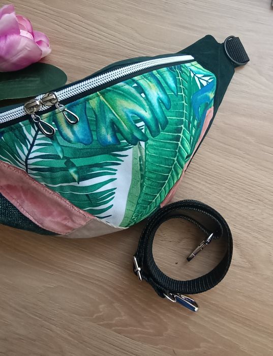 Nerka torebka saszetka patchworkowa zieleń pudrowy róż handmade