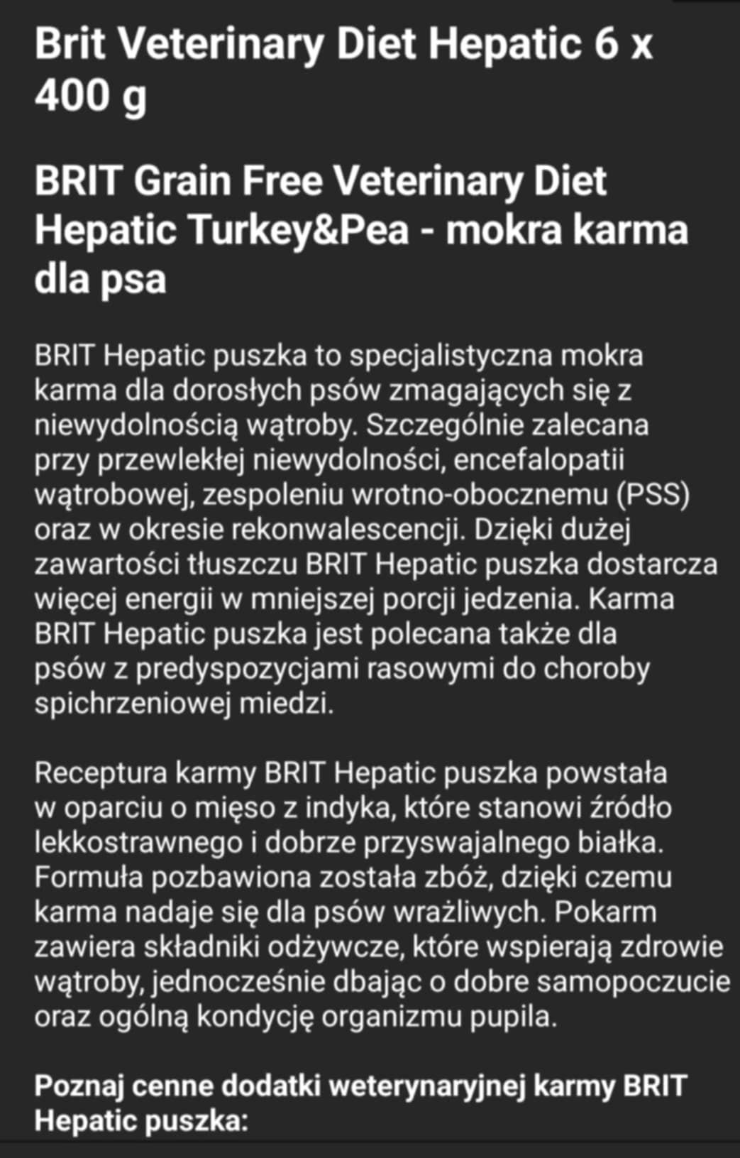 Brit Hepatic, karma mokra dla psa 400g x6