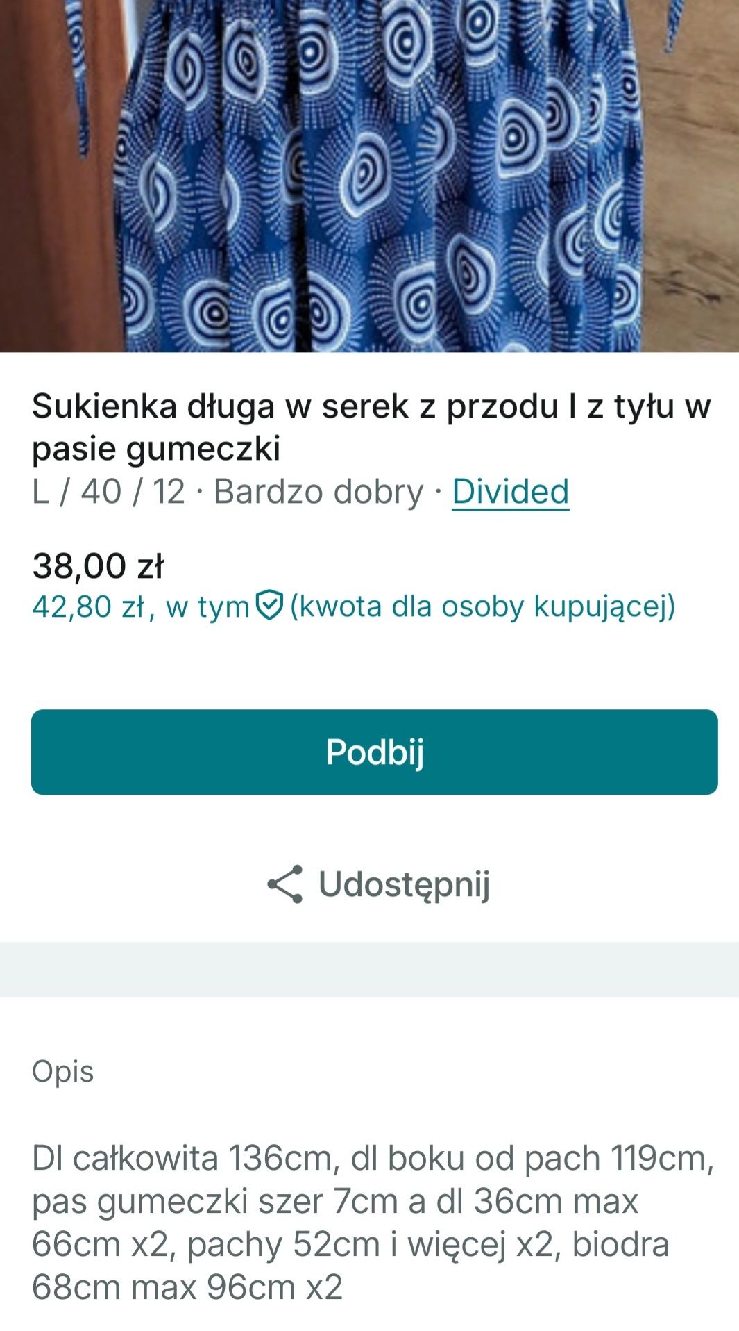 Letnia długa sukienka z przodu i z tyłu w serek w pasie gumeczki