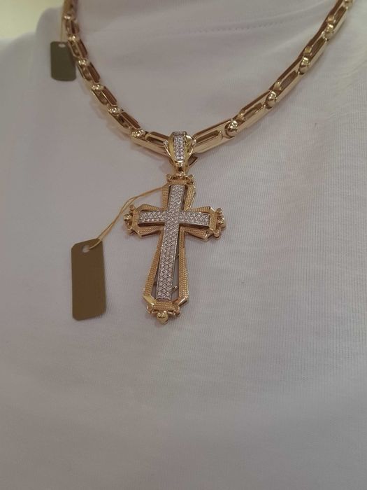 Złoty Łańcuch- 82,2gr+KRZYŻ Z DIAMENTAMI-128 szt.- 1,25 ct.-próba 585.
