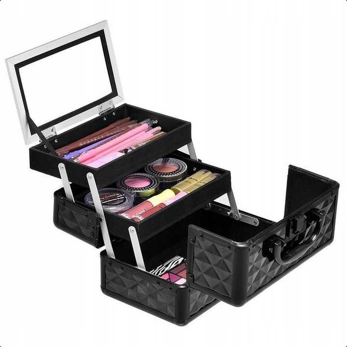 Profesjonalny ROZKŁADANY KUFEREK na biżuterię kosmetyki z lusterkiem