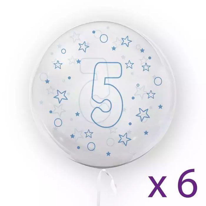 Balony z cyfrą "5" (6 sztuk), gwiazdki niebieskie. Tuban