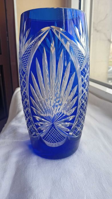 Wazon kryształowy lazurowany kobaltowy szlifowany Irena Inowrocław