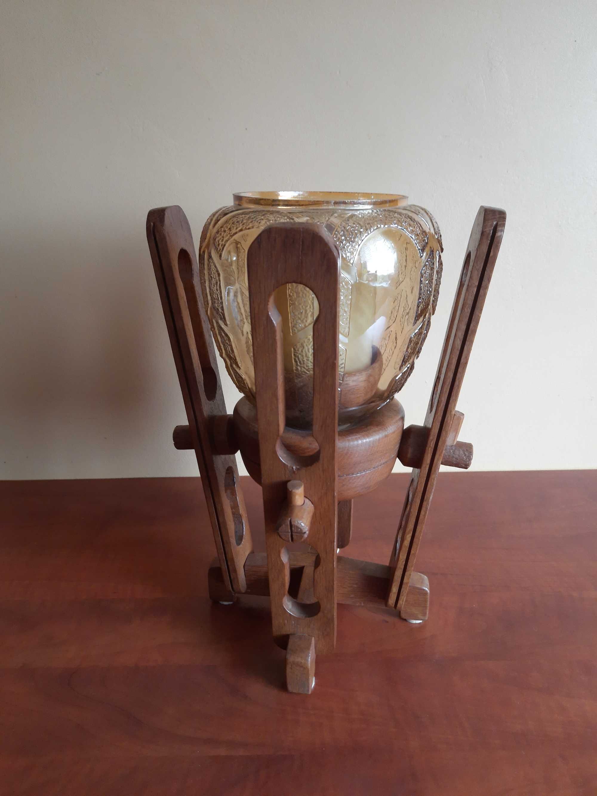 piękny, stary, duży świecznik z drewna ze szklanym kloszem, 34 cm