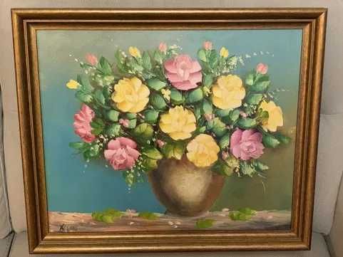 Obraz kwiaty, wazon z kwiatami, olej, płótno, duży.