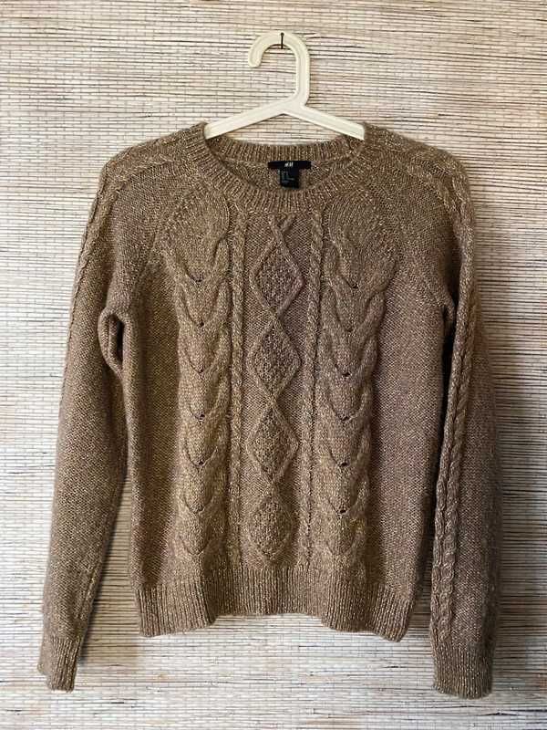 Brązowy sweter warkocz ze złotą nitką H&m S/M 36/38