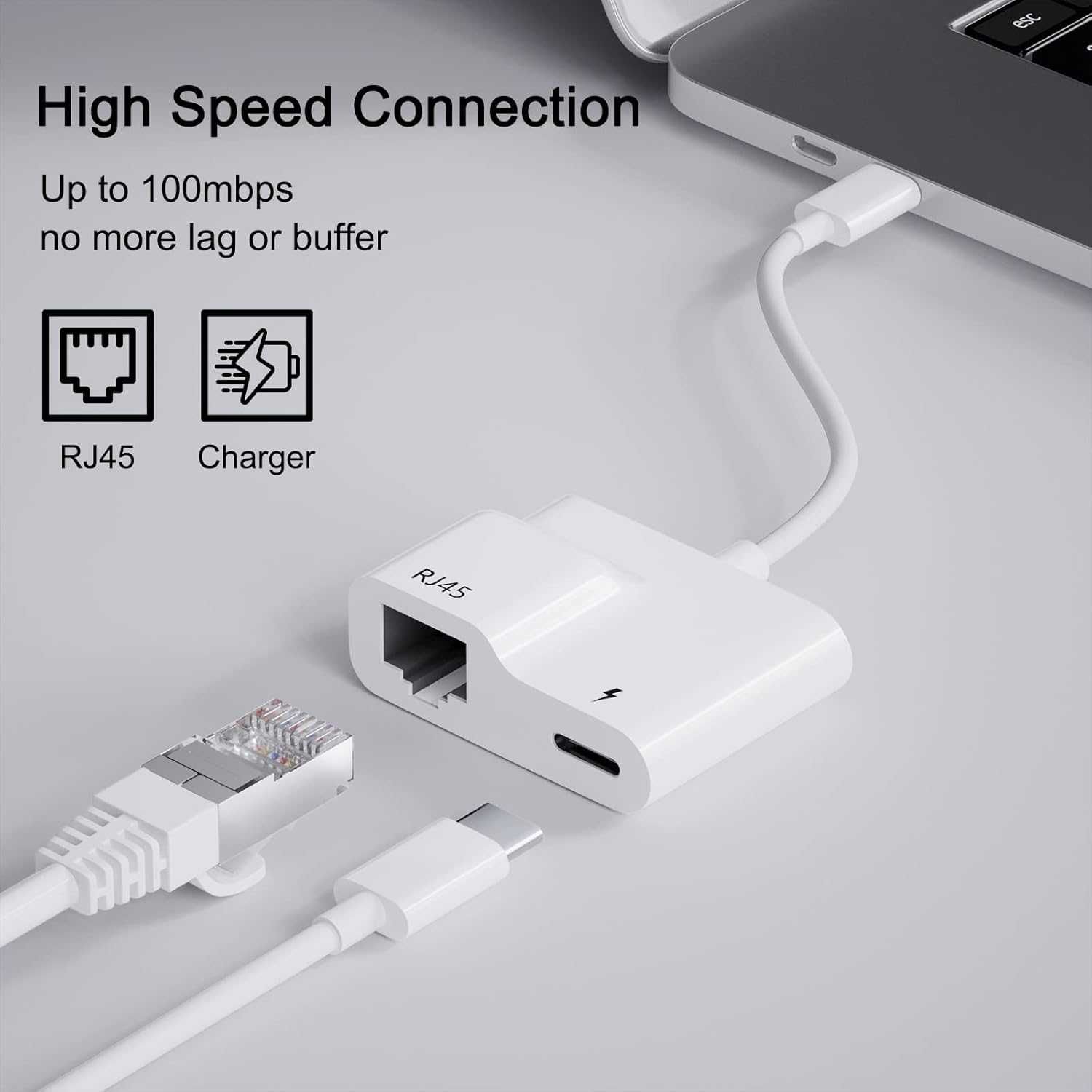 Adapter Ethernet USB C, USB C na RJ45, funkcją ładowania.