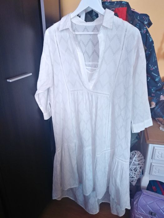 Asymetryczna biała bawełniana boho vintage sukienka oversize Stradivar