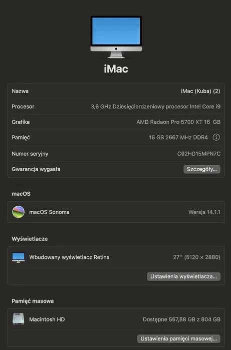 iMac 27 5K Retina Intel i9 5,0GHz 16GB 1TB SSD