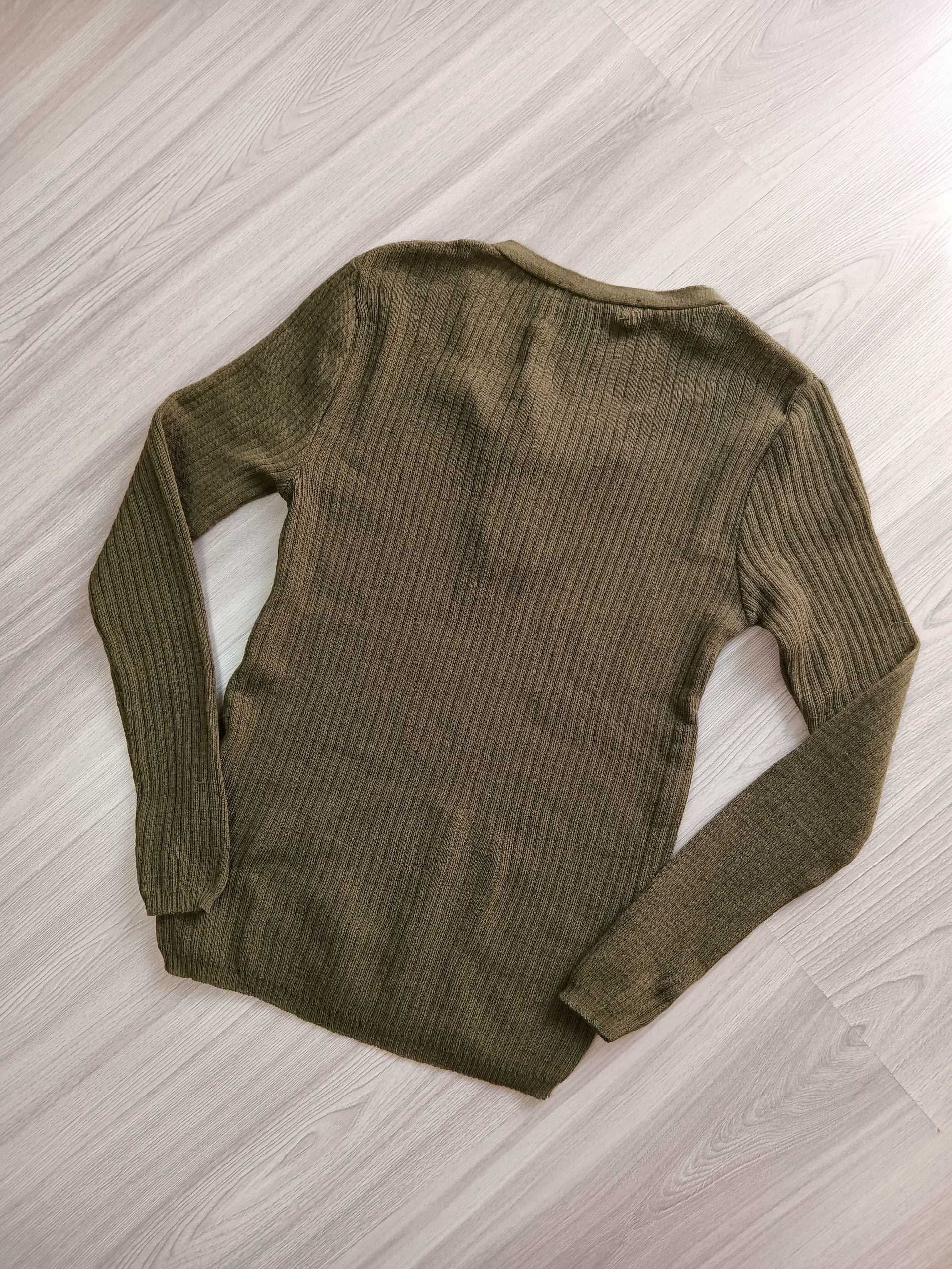 Damski sweter długi rękaw wiązany dekolt khaki zielony L