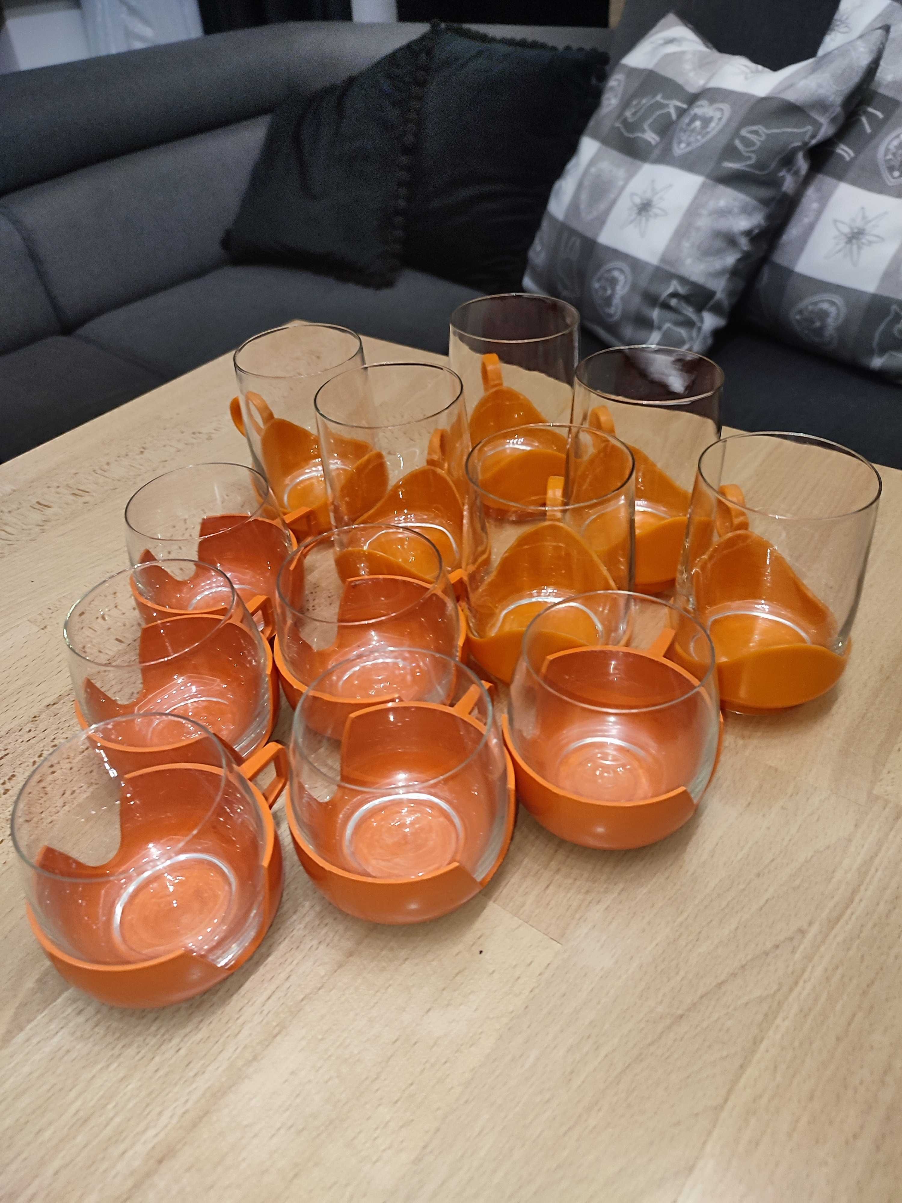 12x Szklanki w koszyczkach pomarańczowych PRL retro vintage