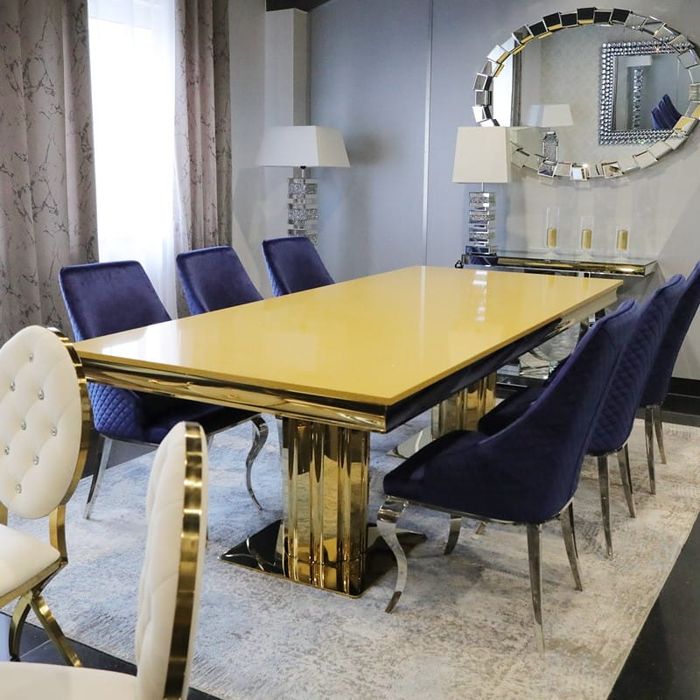 Złoty stół glamour Retford Gold stal blat kamienny nowoczesny