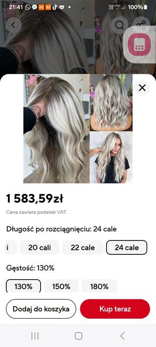 Włosy Full lace wig  Srebrny asch Virgin  naturalny ludzki wlos
