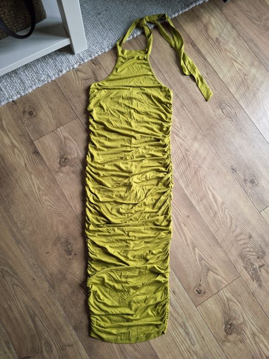 Rozmiar S, ASOS dopasowana oliwkowa sukienka midi, marszczona sukienka