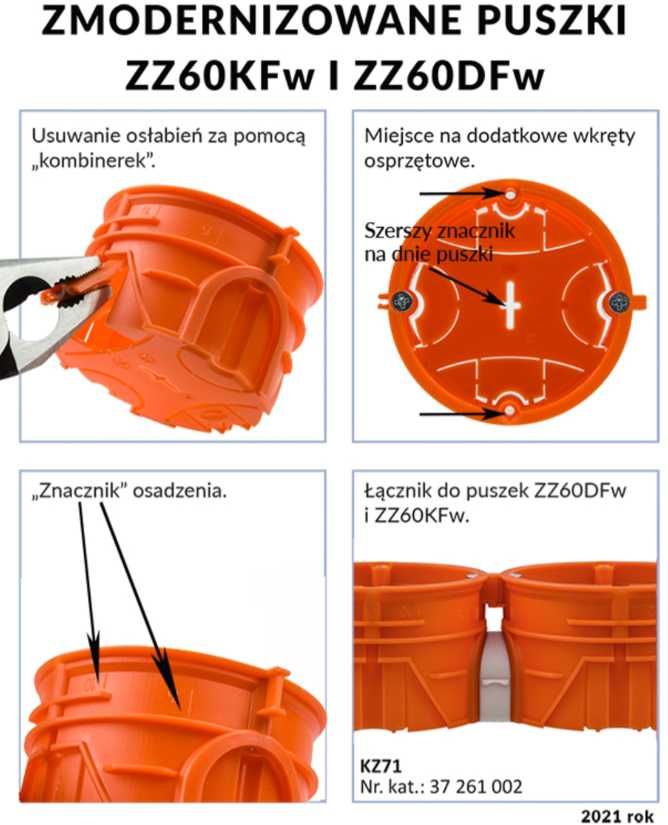 PUSZKA Podtynkowa 60 MM ZZ60KFw PŁYTKA, Łączona, Z WKRĘTAMI 50 SZTUK.