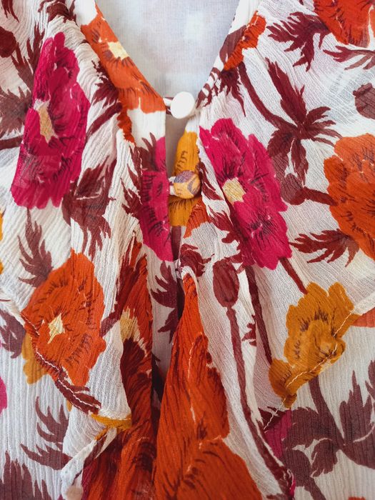 Massimo Dutti jedwabna koszula w kwiaty bez kołnierzyka dekolt V seda