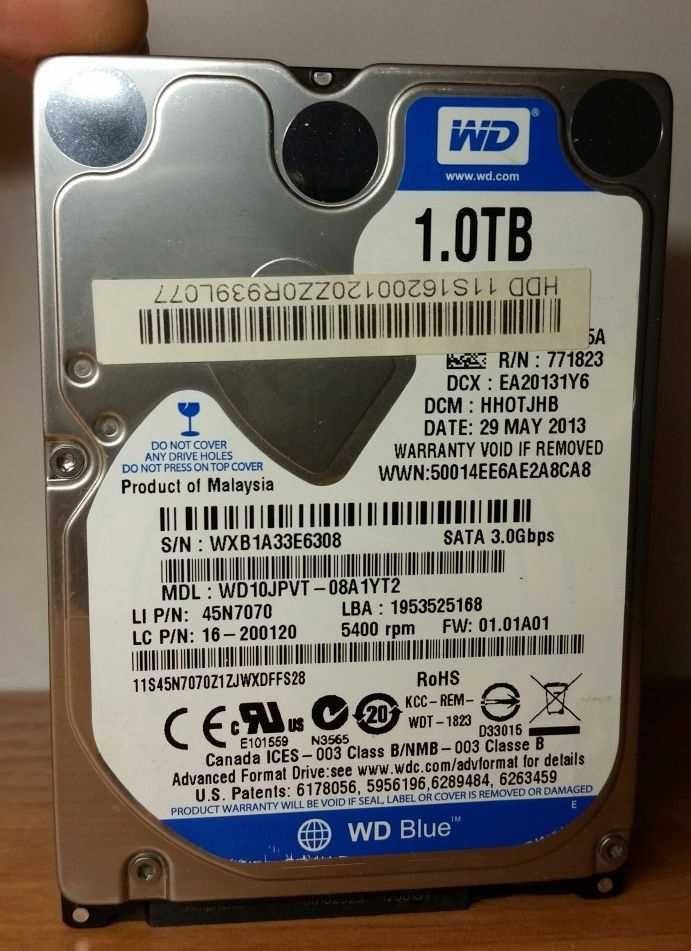 Жесткий диск 2.5" WD Blue 1TB (терабайт) 5400rpm 8MB WD10JPVT SATA-II