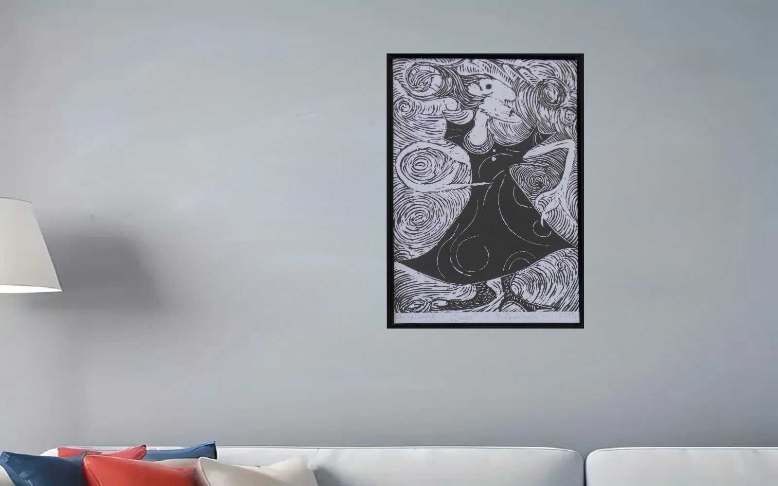 Grafika Linoryt " Jaga " sztuka,obraz z podpisem autora.
