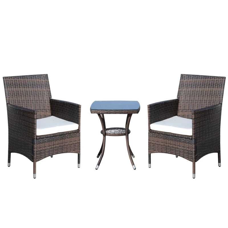 Conjunto de 1 Mesa e 2 Cadeiras Rattan para Jardim - Castanho