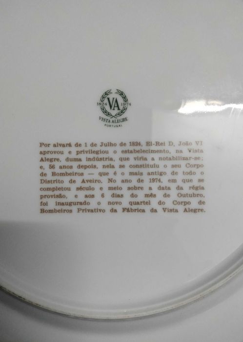 Prato comemorativo inauguração quartel Corpo de Bombeiros Vista Alegre