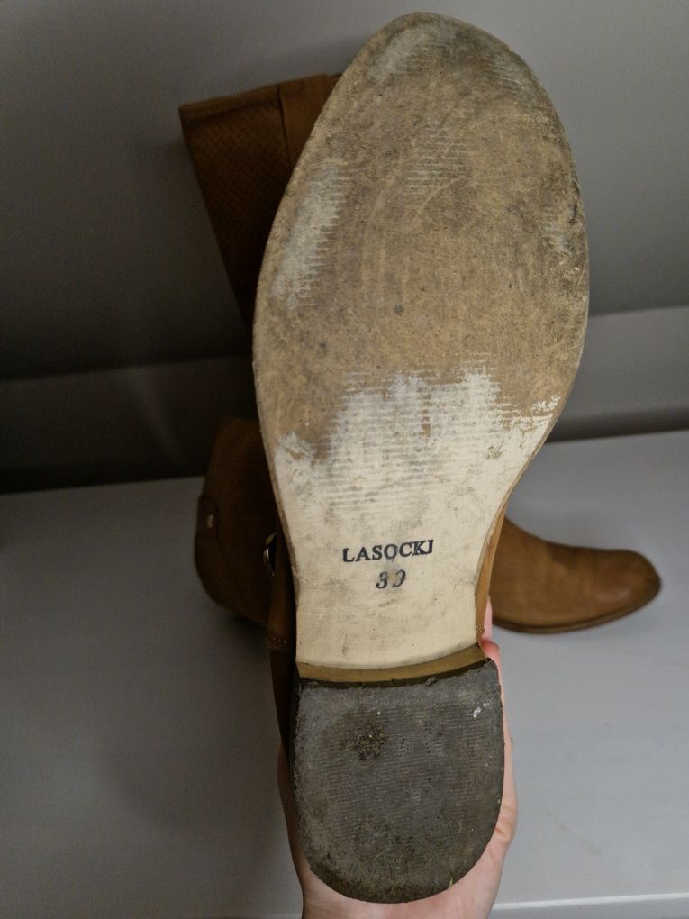 Skórzane kozaki kowbojki przed kolano jasny brąz brązowe Lasocki CCC