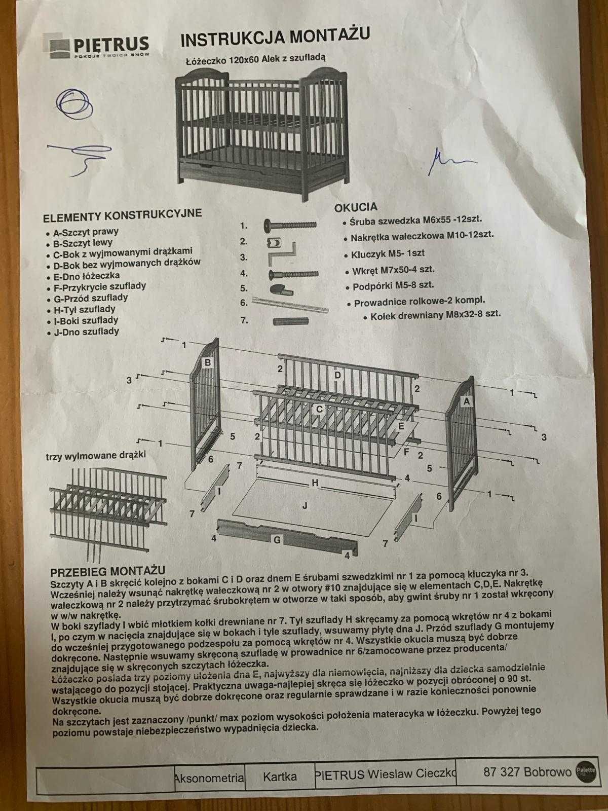 Łóżeczko Alek białe drewniane 120x60 z szufladą + materac + pościel