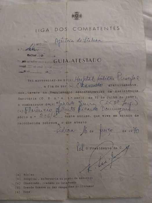 Liga dos combatentes -Guia atestado -combatente da Grande Guerra